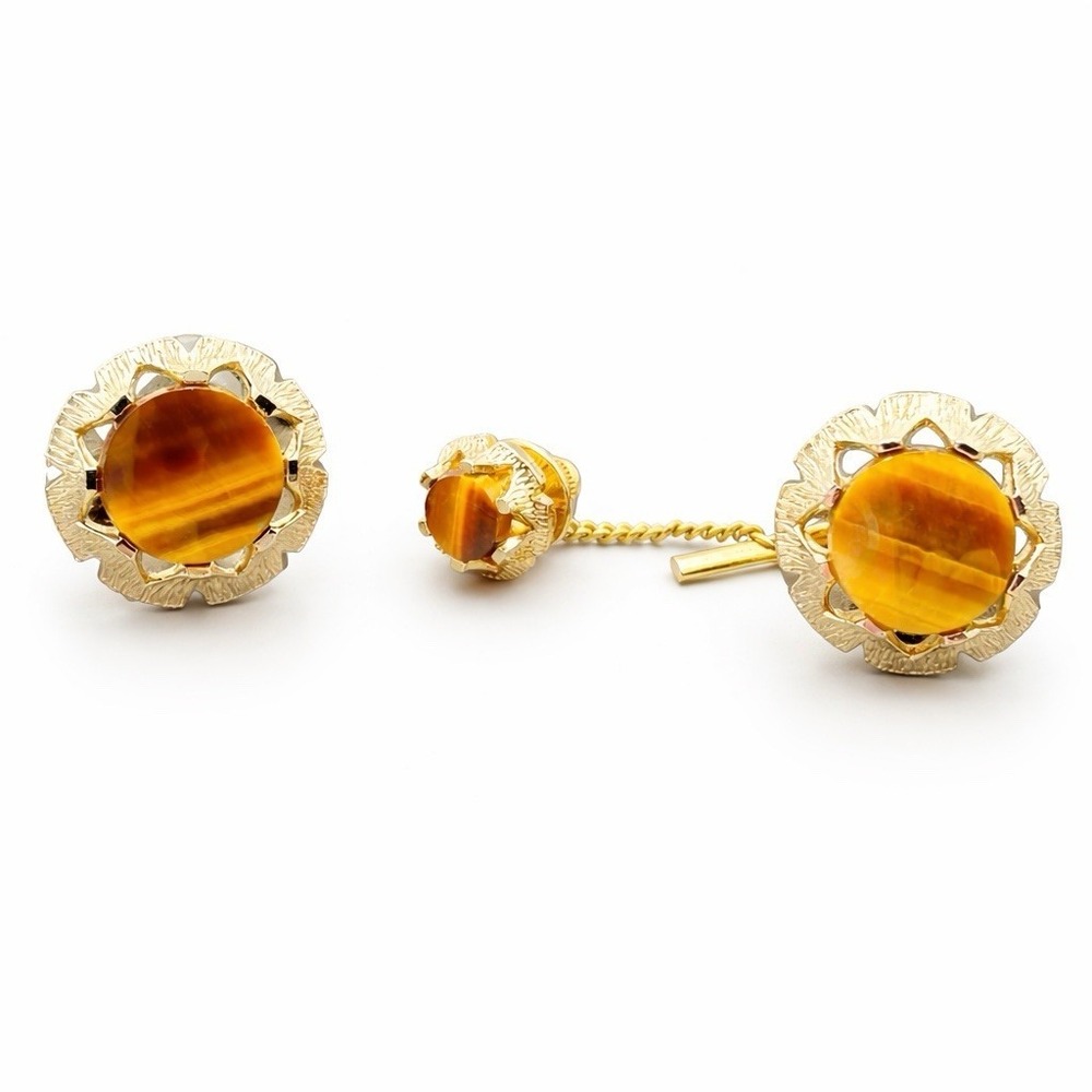 Vintage Dante Tiger's Eye Cufflinks Tie Tack Set Gold Tone Swirl Retro Mens